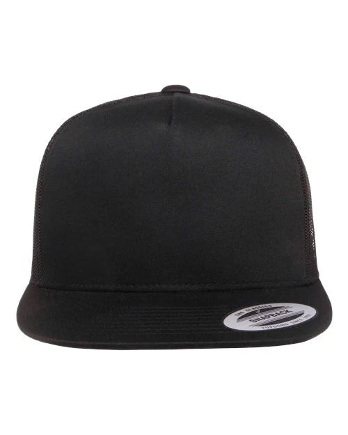 Custom Leather Patch Classic Five-Panel Trucker Cap - Flat Bill