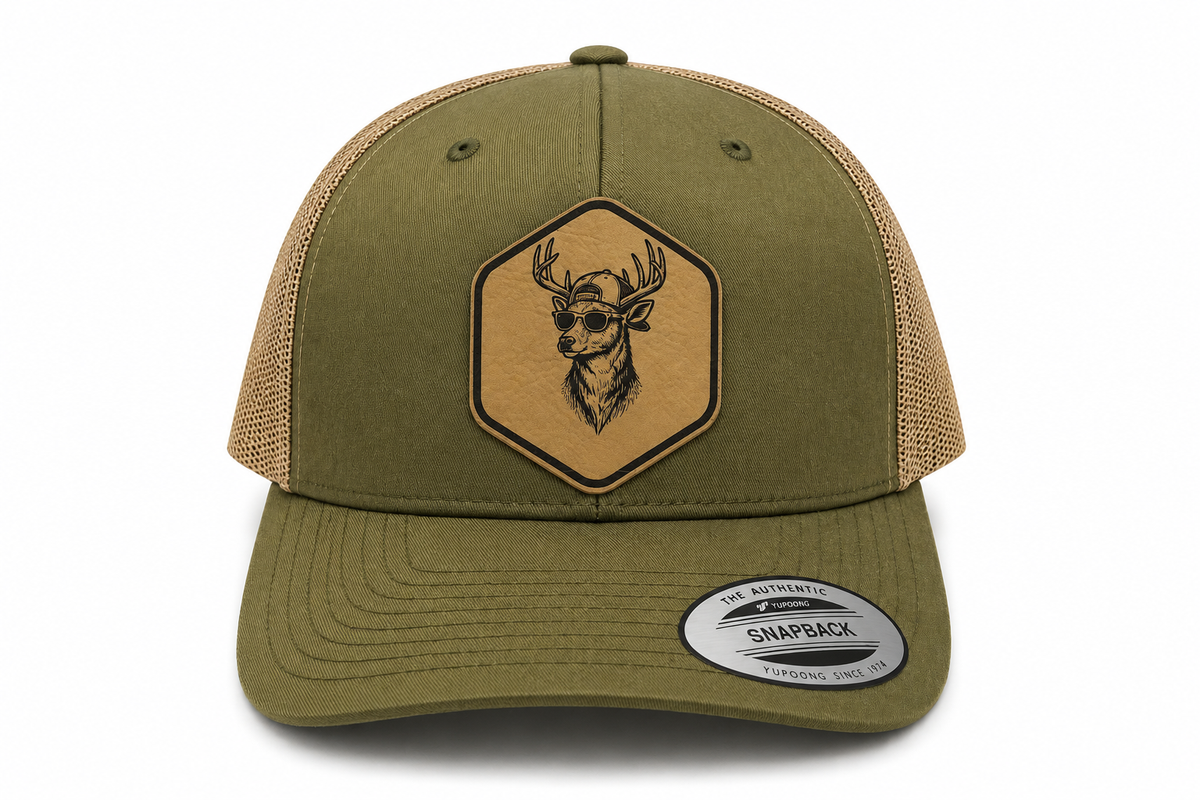Leapfrog Collective Backcountry Buck leather patch trucker hat in charcoal and black